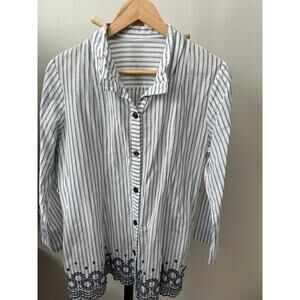 Womens Medium Linen Feel Top Long Sleeves Collared Striped Blue Embroidered